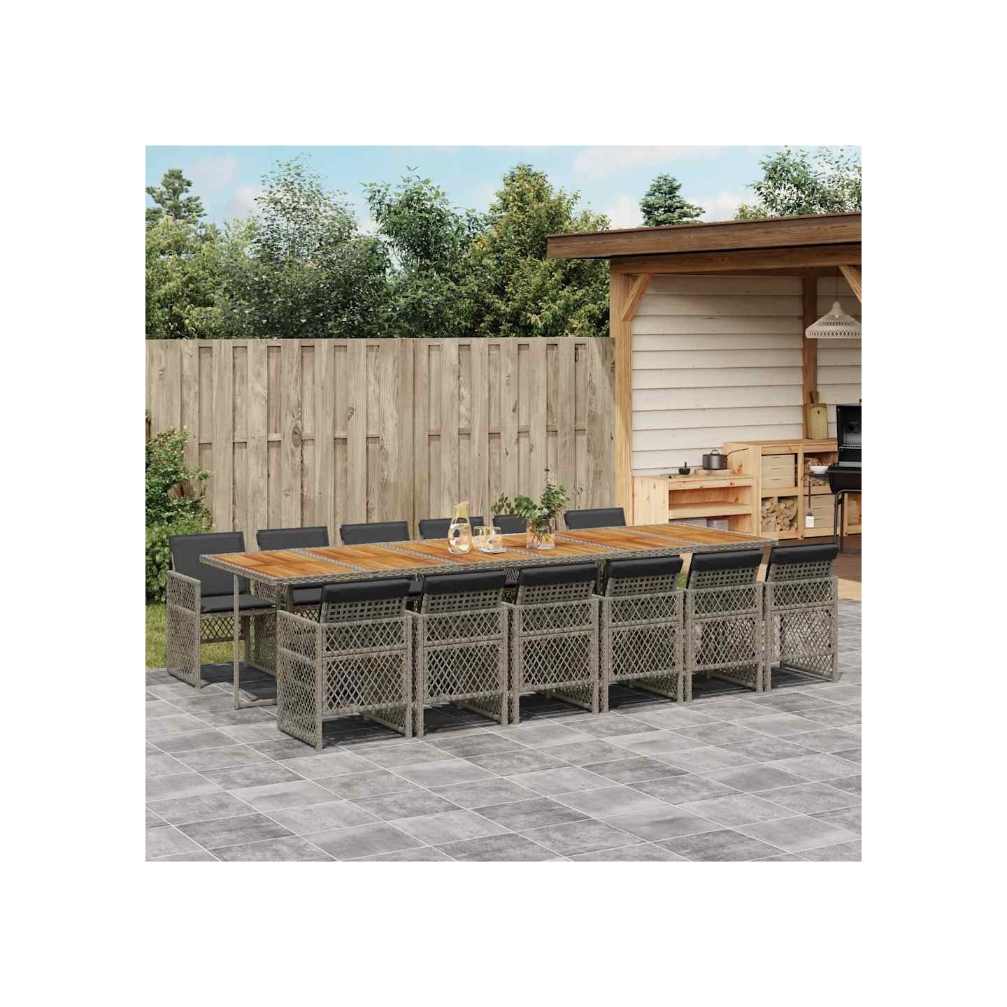 Ensemble à manger de jardin coussins 13 pcs gris résine tressée
