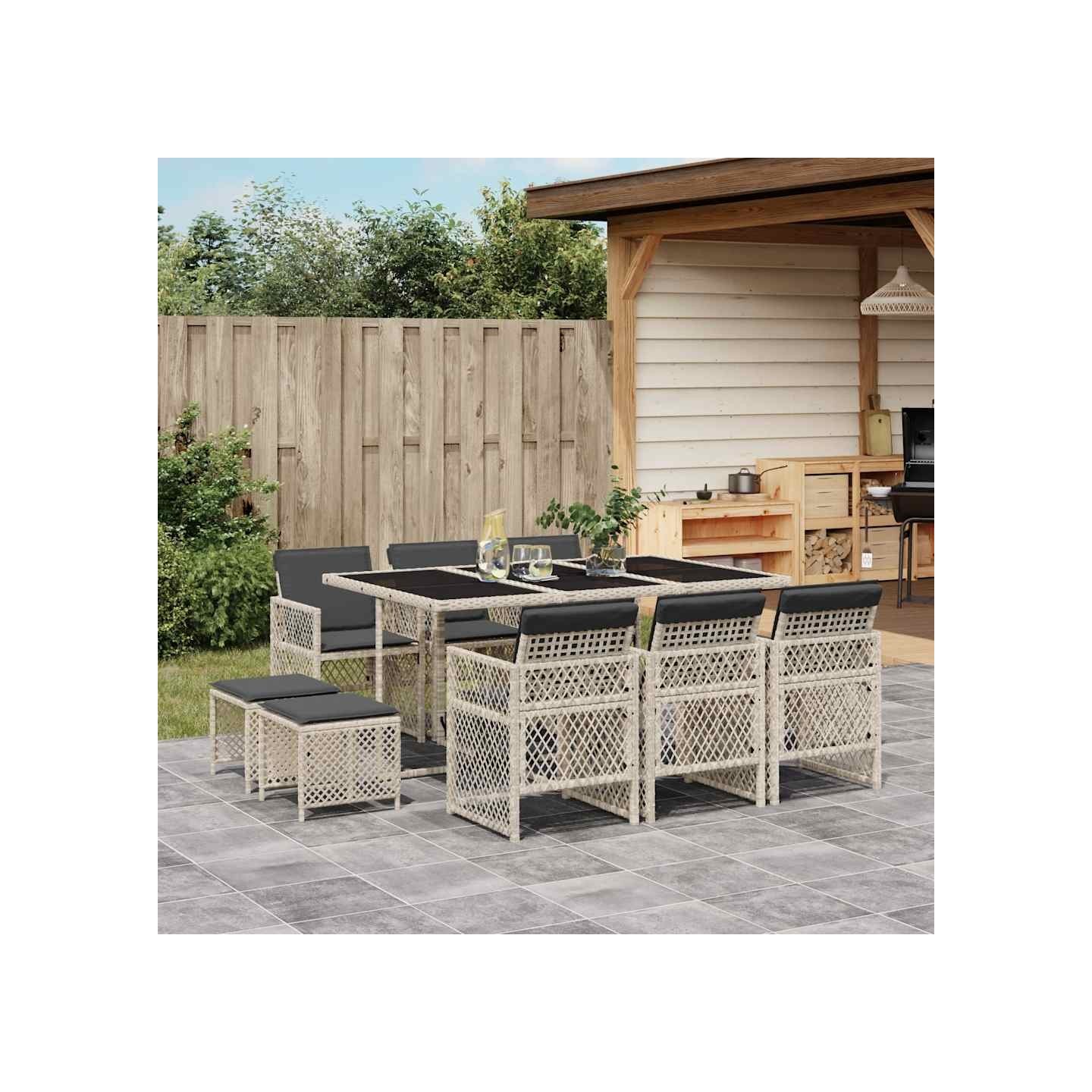Ensemble à manger de jardin 11pcs avec coussins gris poly rotin