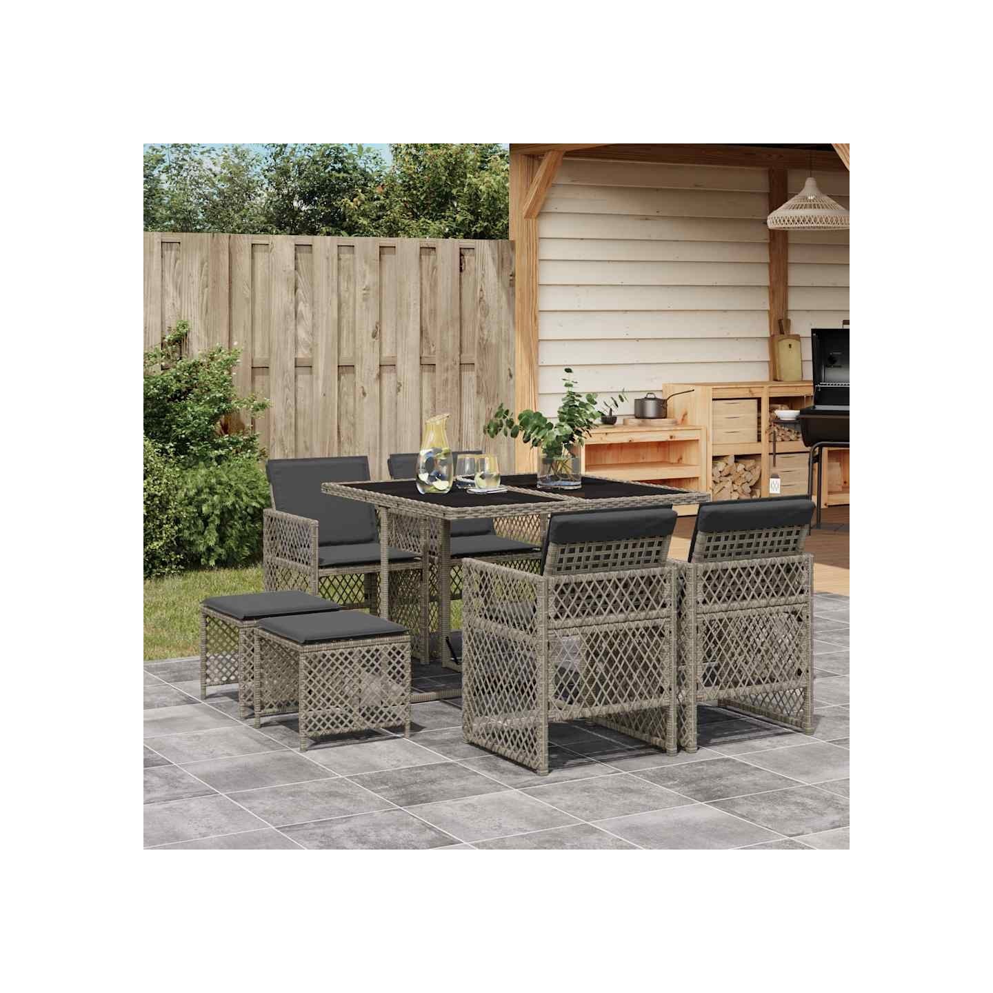 Ensemble à manger de jardin 9 pcs coussins gris résine tressée