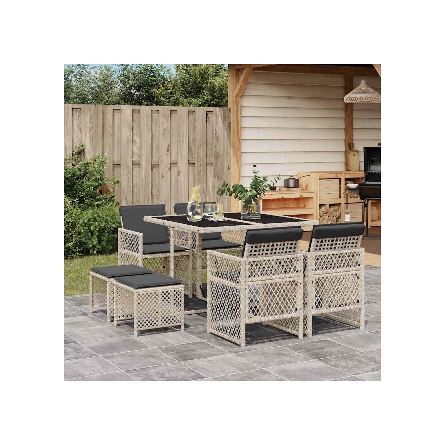 Ensemble à manger de jardin et coussins 9 pcs gris clair rotin