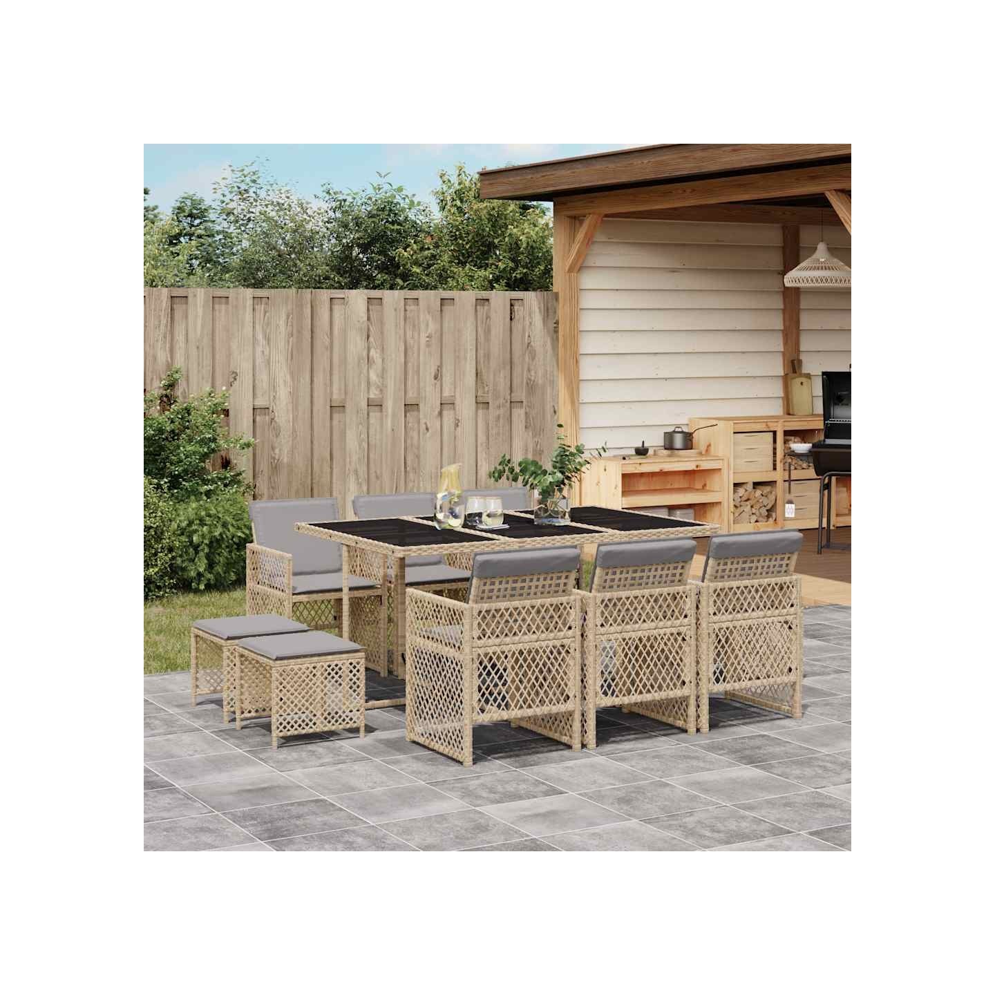 Ensemble à manger de jardin et coussins 11 pcs beige poly rotin