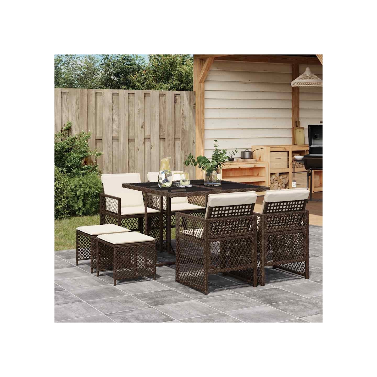 Ensemble à manger de jardin et coussins 9 pcs marron poly rotin