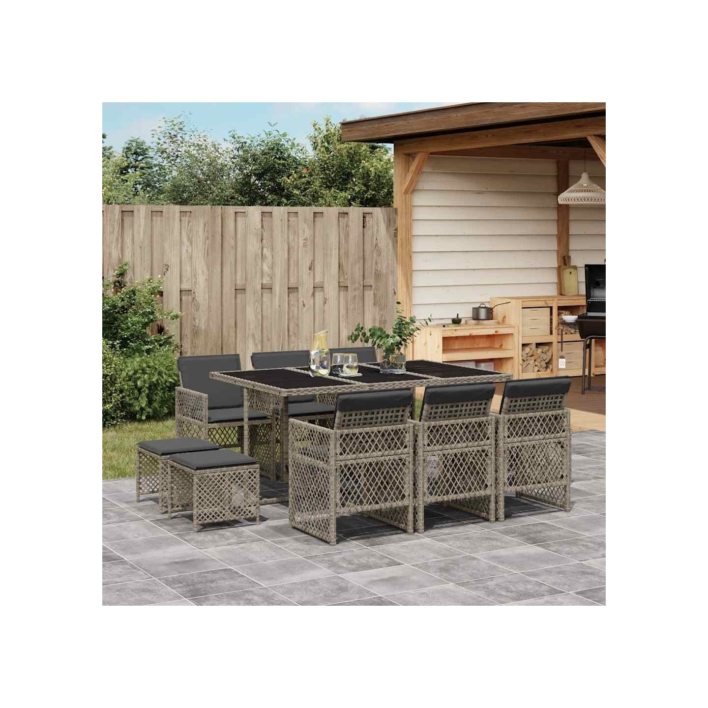 Ensemble à manger de jardin 11pcs avec coussins gris poly rotin