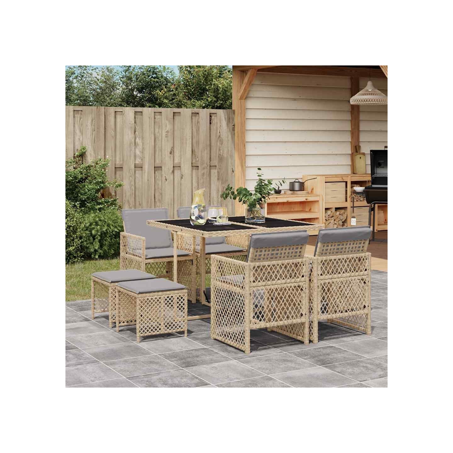 Ensemble à manger de jardin et coussins 9 pcs beige Poly rotin