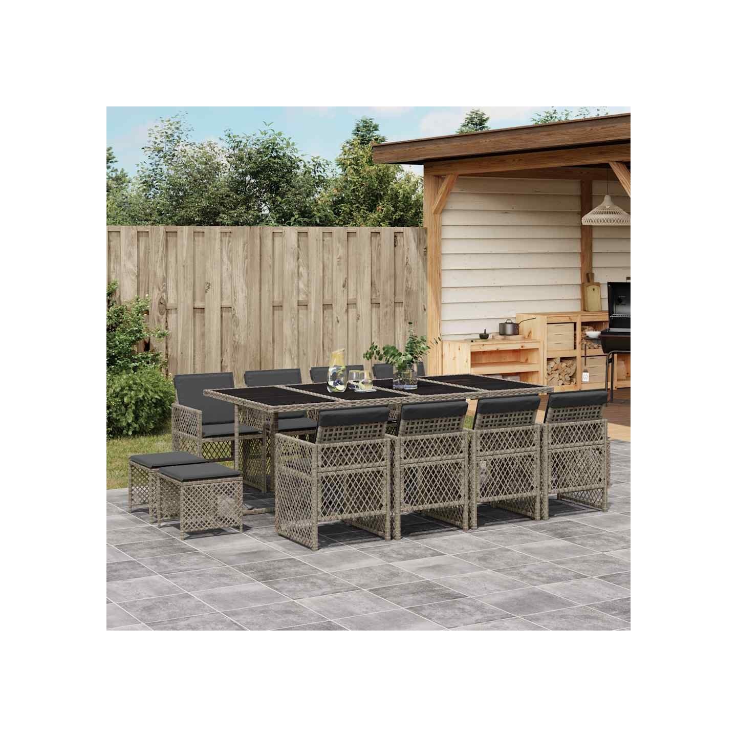 Ensemble à manger de jardin coussins 13 pcs gris résine tressée
