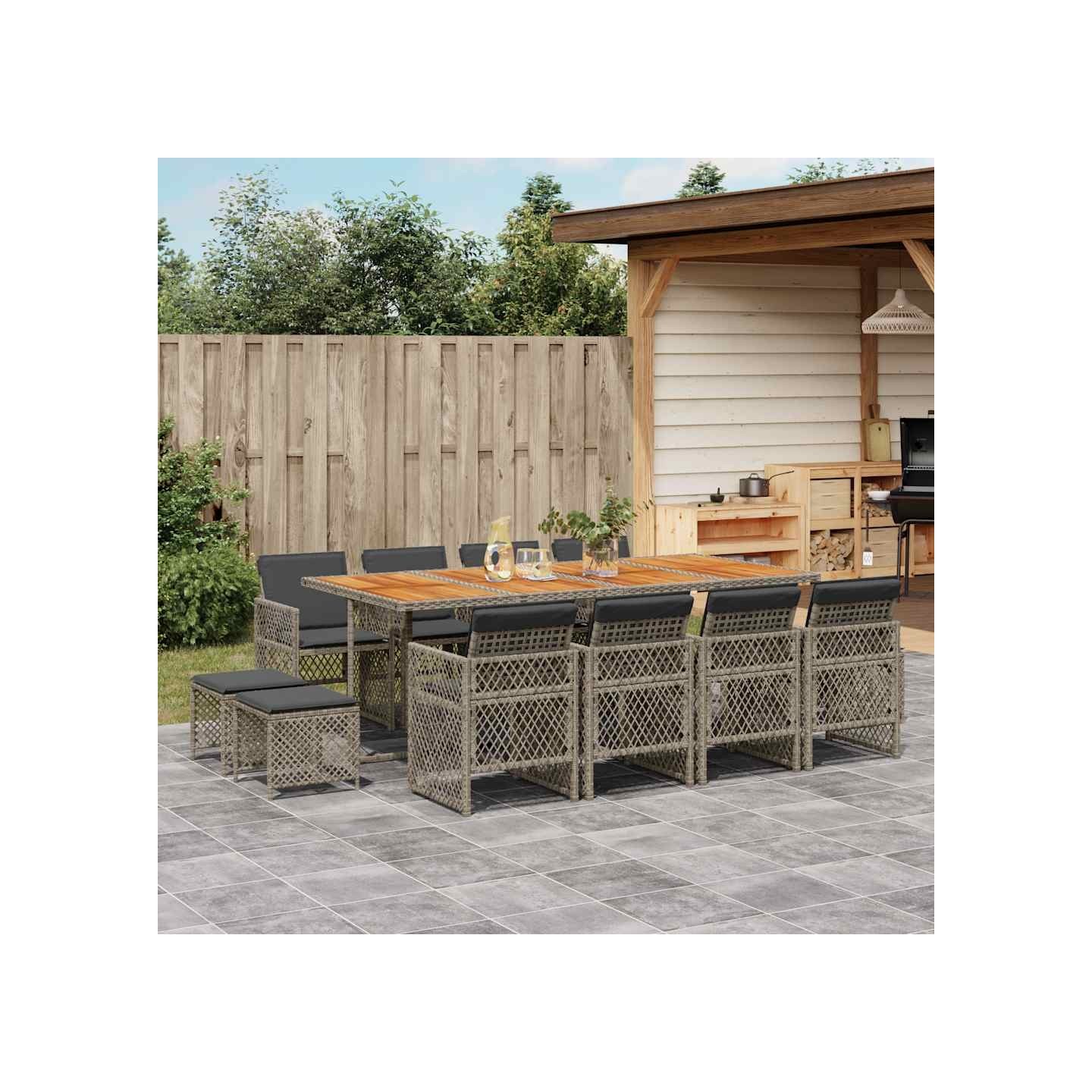 Ensemble à manger de jardin coussins 13 pcs gris résine tressée