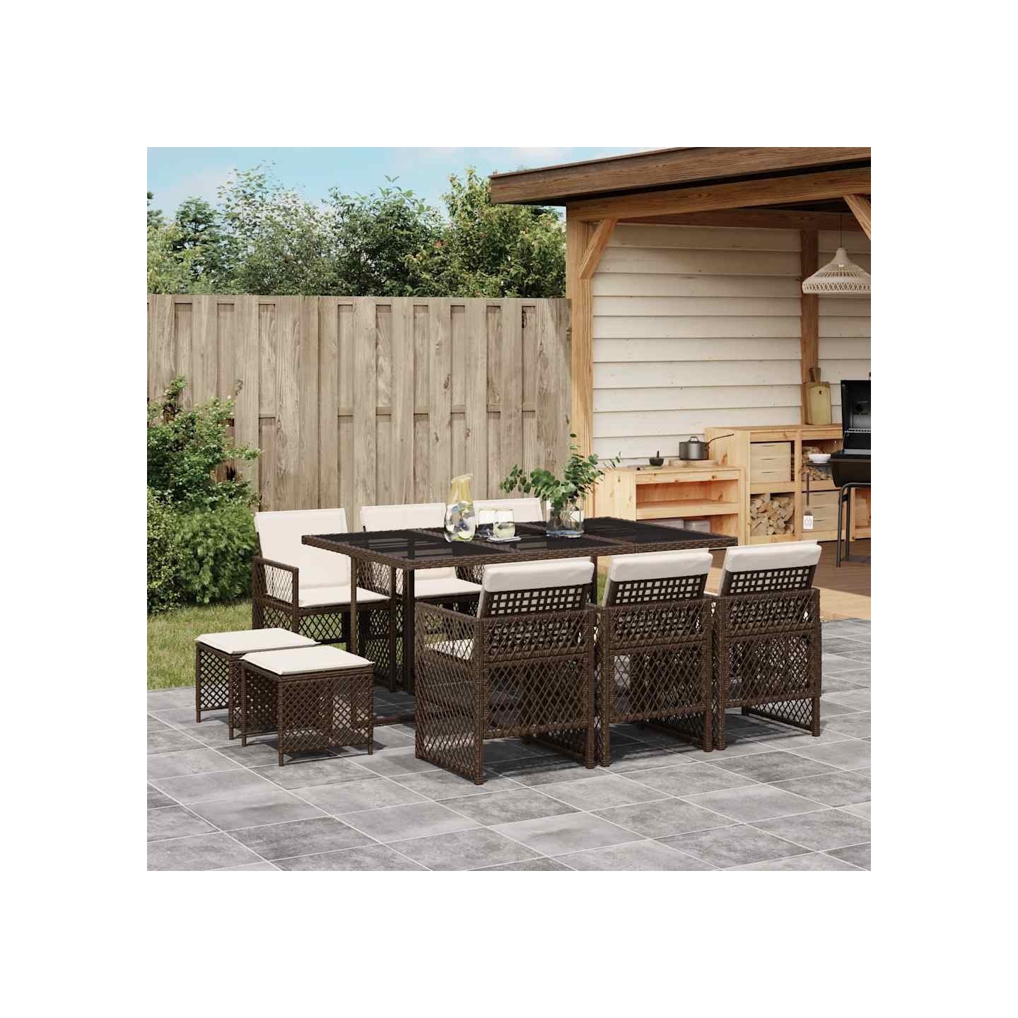 Ensemble à manger de jardin et coussins 11 pcs marron rotin