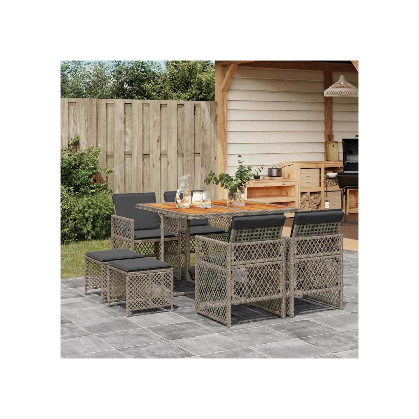Ensemble à manger de jardin 9 pcs coussins gris résine tressée