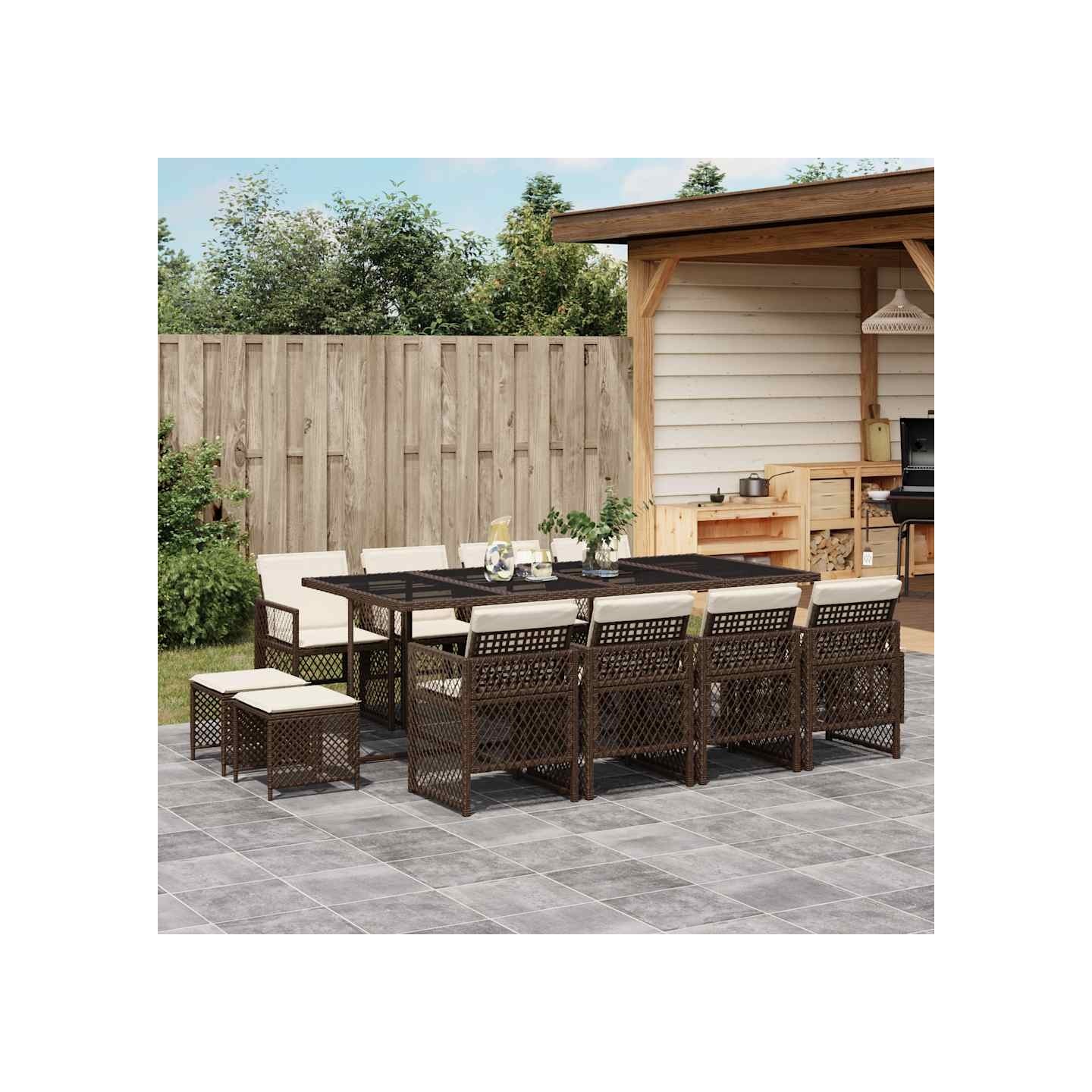 Ensemble à manger de jardin avec coussins 13 pcs marron rotin
