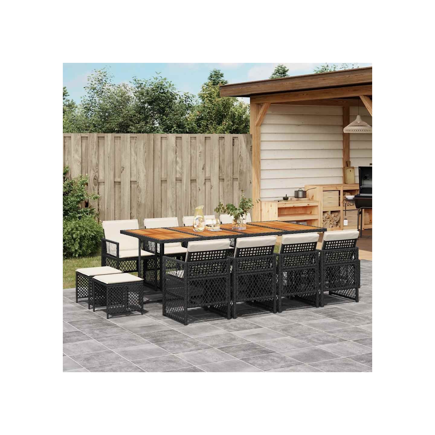 Ensemble à manger de jardin 13 pcs coussins noir résine tressée