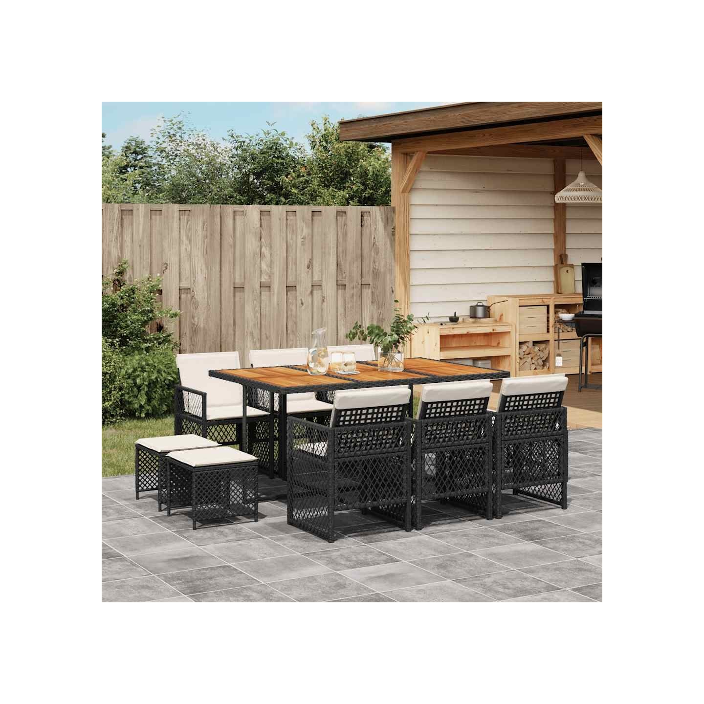 Ensemble à manger de jardin 11 pcs coussins noir résine tressée