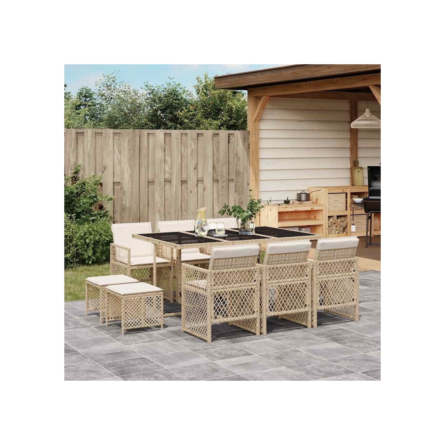 Ensemble à manger de jardin et coussins 11 pcs beige poly rotin