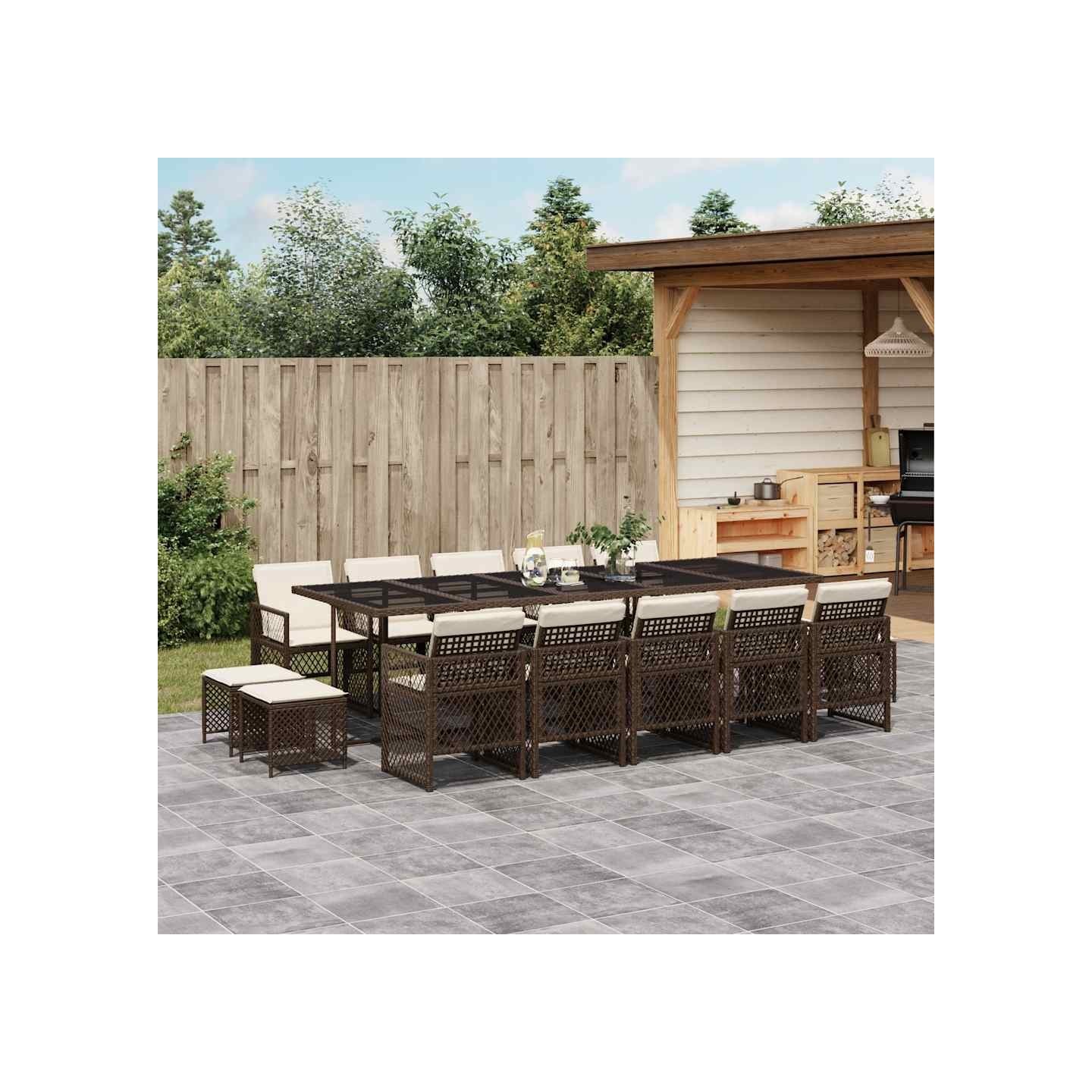 Ensemble à manger de jardin avec coussins 15 pcs marron rotin