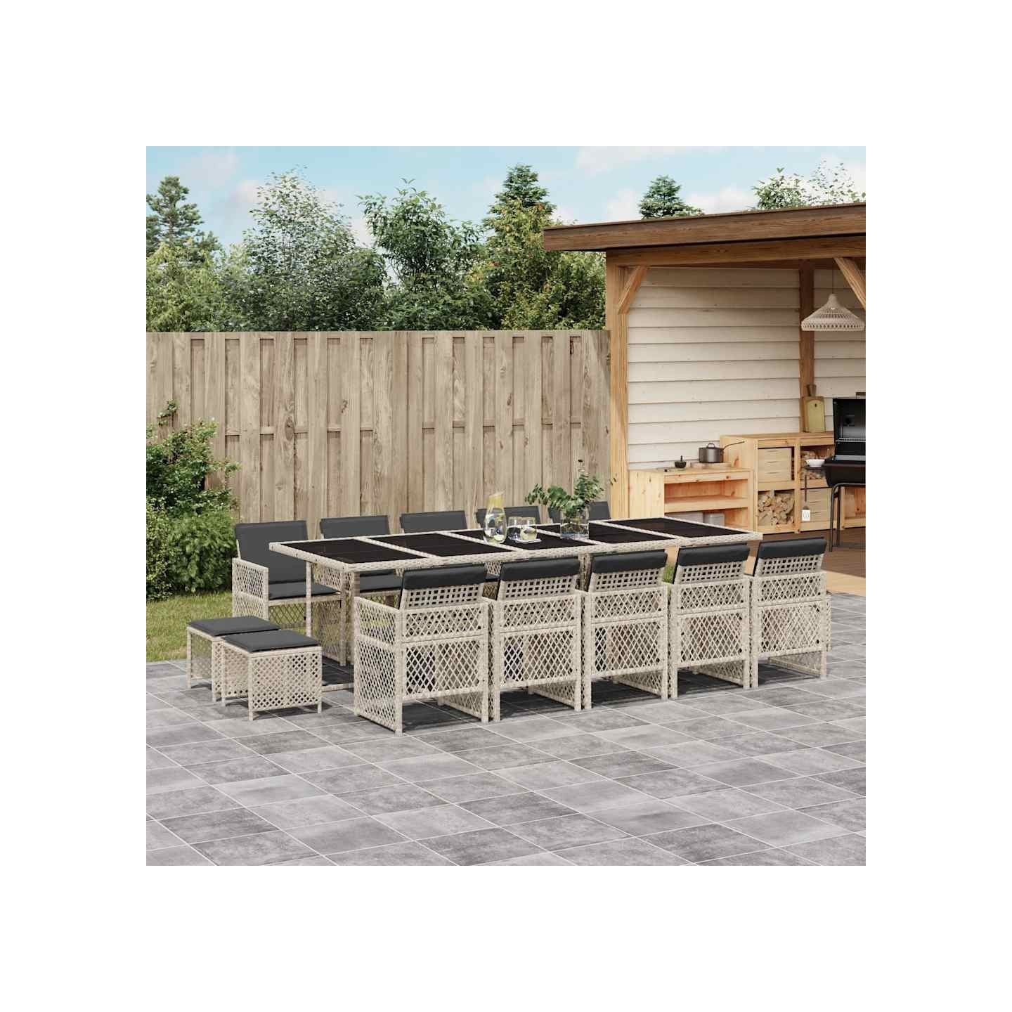 Ensemble à manger de jardin et coussins 15 pcs gris clair rotin