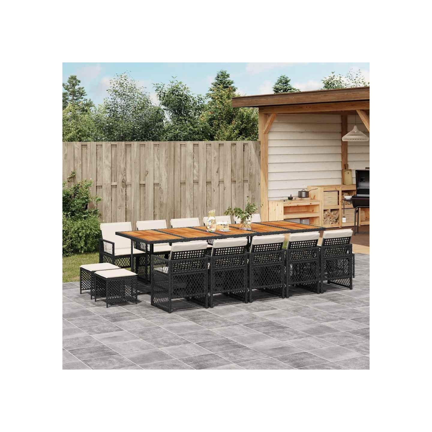 Ensemble à manger de jardin 15 pcs coussins noir résine tressée