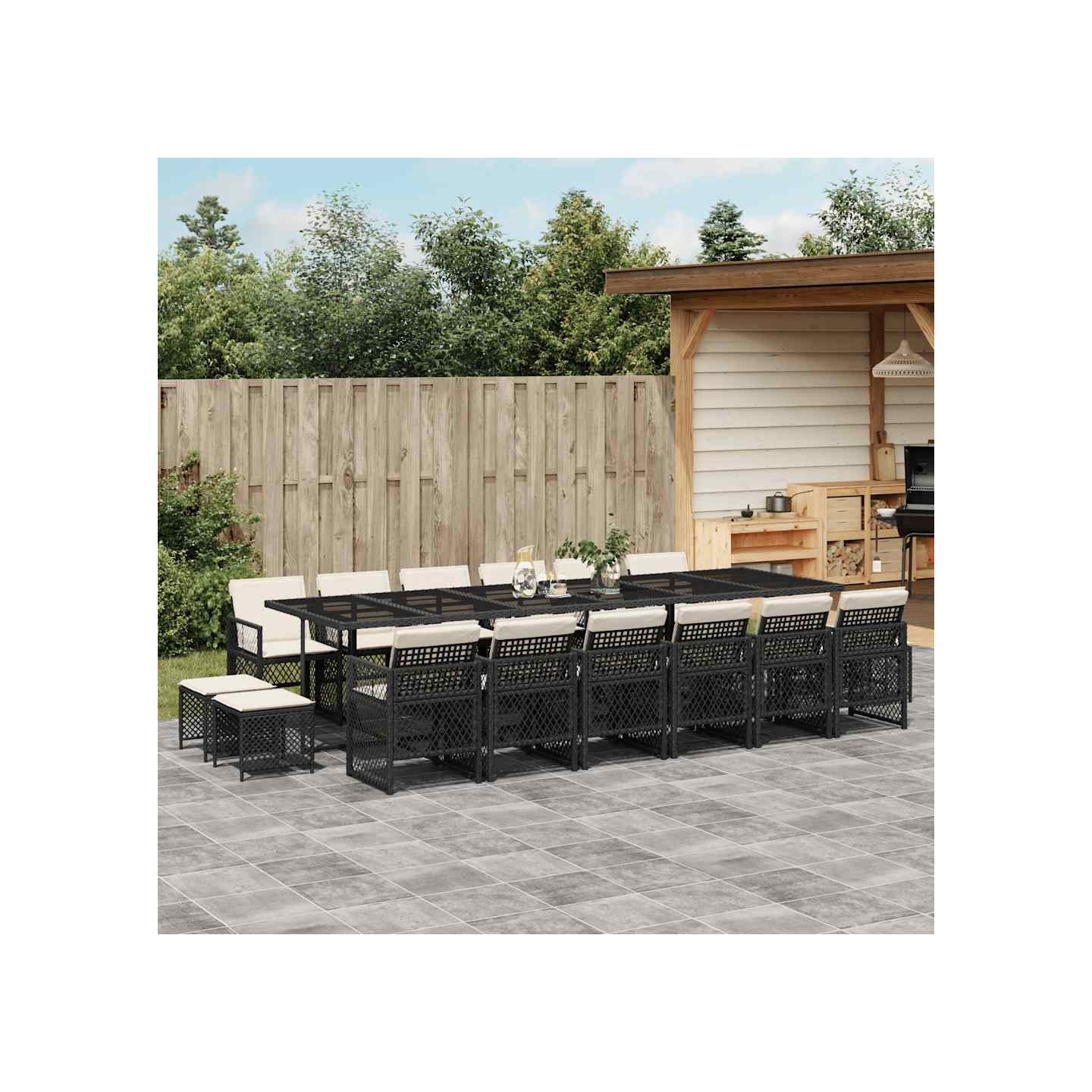 Ensemble à manger de jardin 17 pcs coussins noir résine tressée