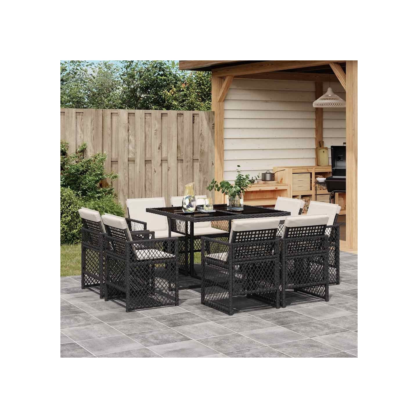 Ensemble à manger de jardin 9pcs coussins noir résine tressée