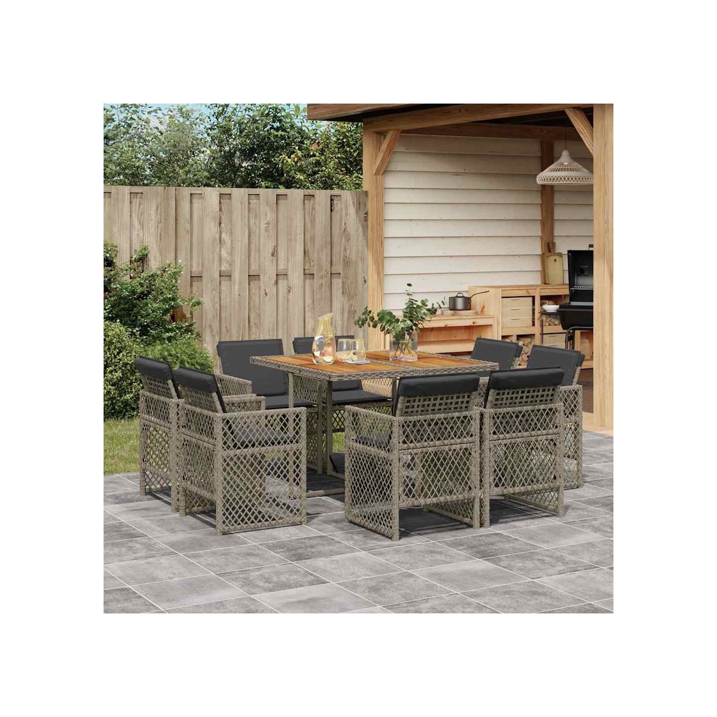Ensemble à manger de jardin 9 pcs coussins gris résine tressée