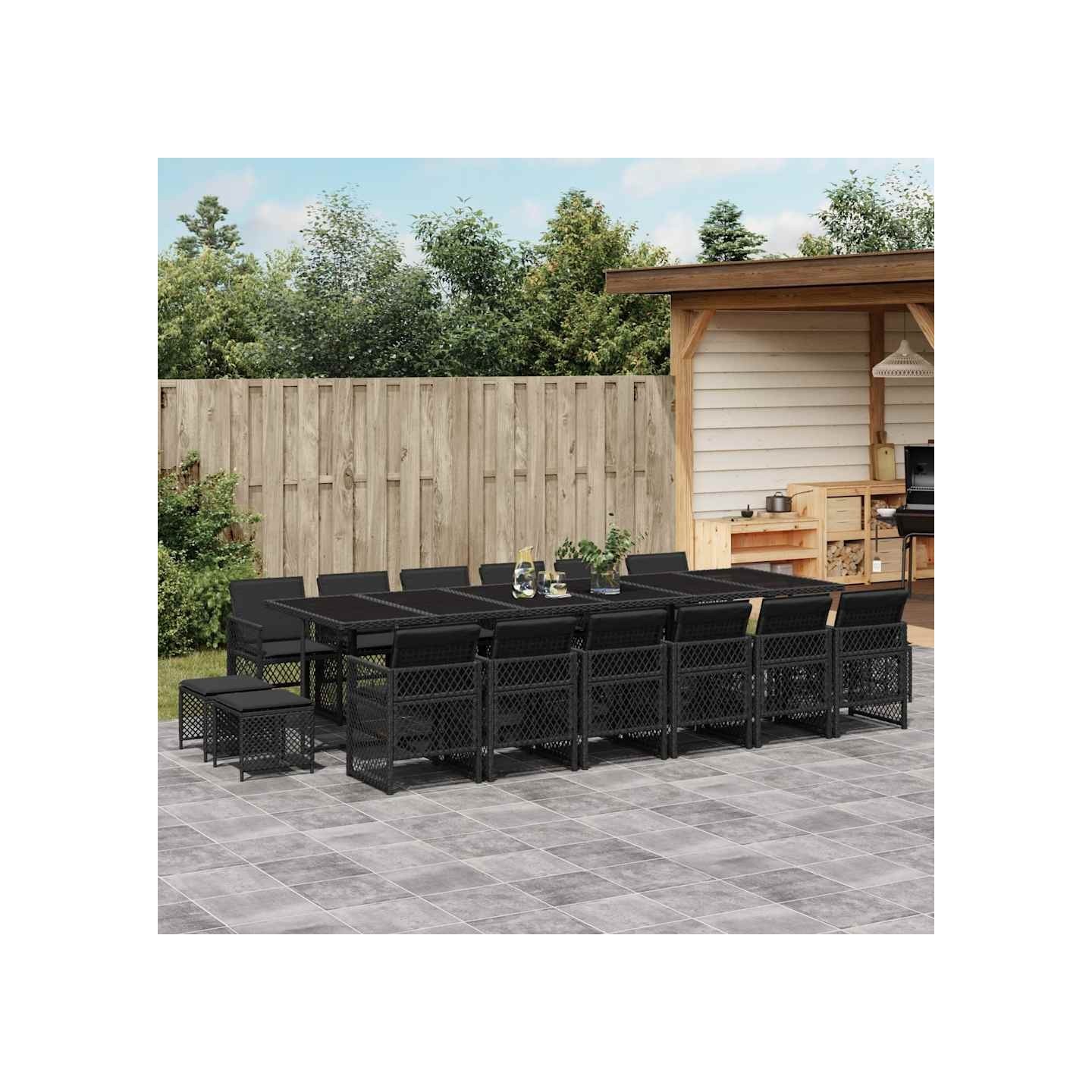 Ensemble à manger de jardin 17 pcs coussins noir résine tressée