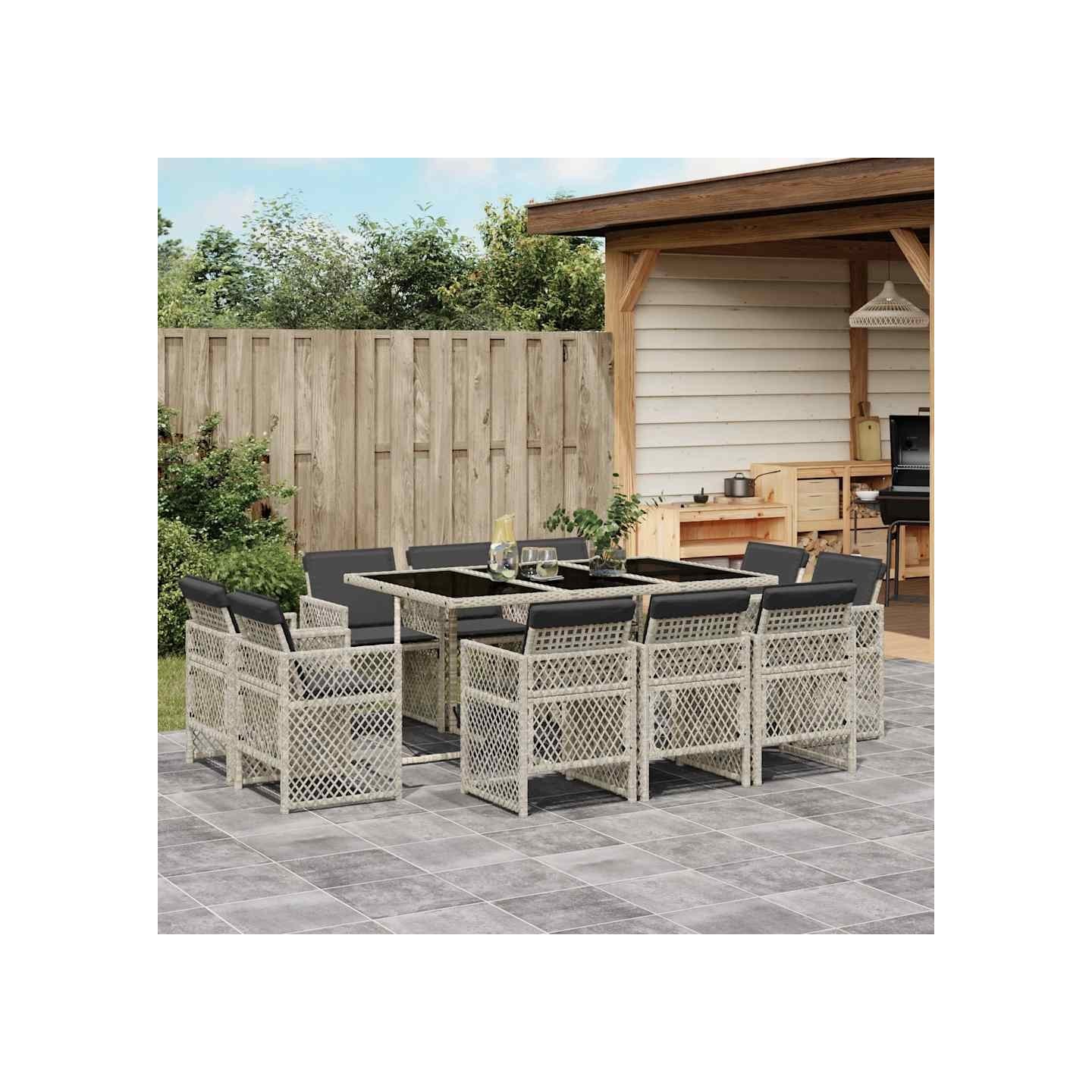Ensemble à manger de jardin 11pcs avec coussins gris poly rotin