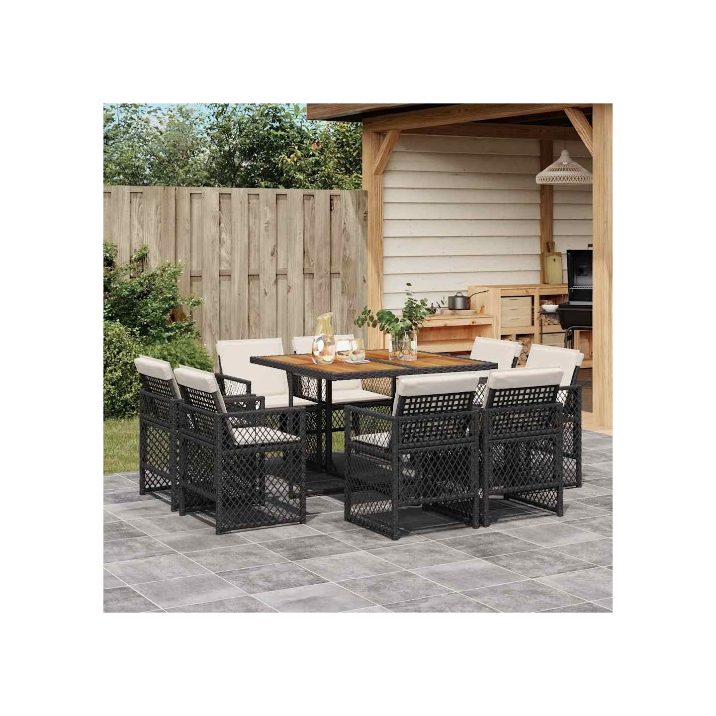 Ensemble à manger de jardin 9pcs coussins noir résine tressée