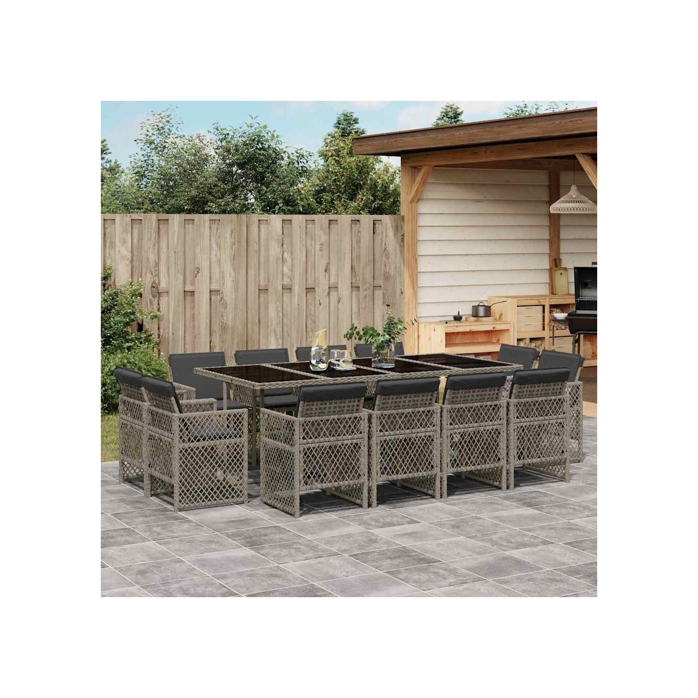 Ensemble à manger de jardin coussins 13 pcs gris résine tressée