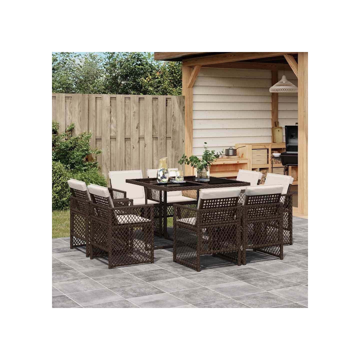 Ensemble à manger de jardin et coussins 9 pcs marron poly rotin
