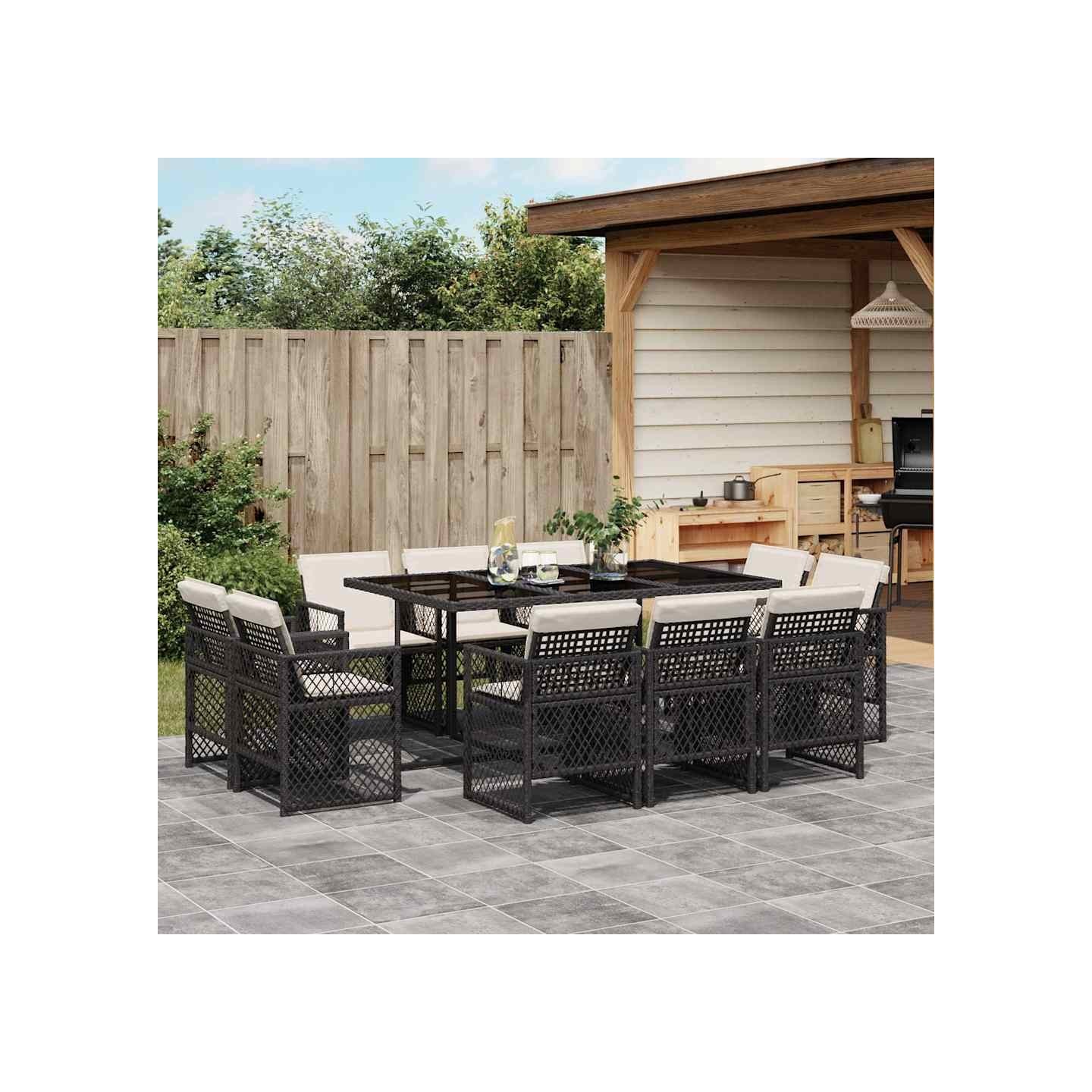 Ensemble à manger de jardin 11 pcs coussins noir résine tressée