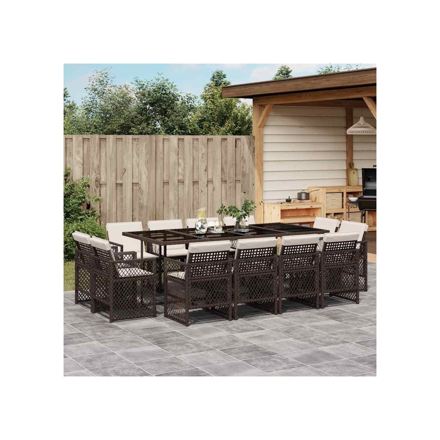Ensemble à manger de jardin avec coussins 13 pcs marron rotin