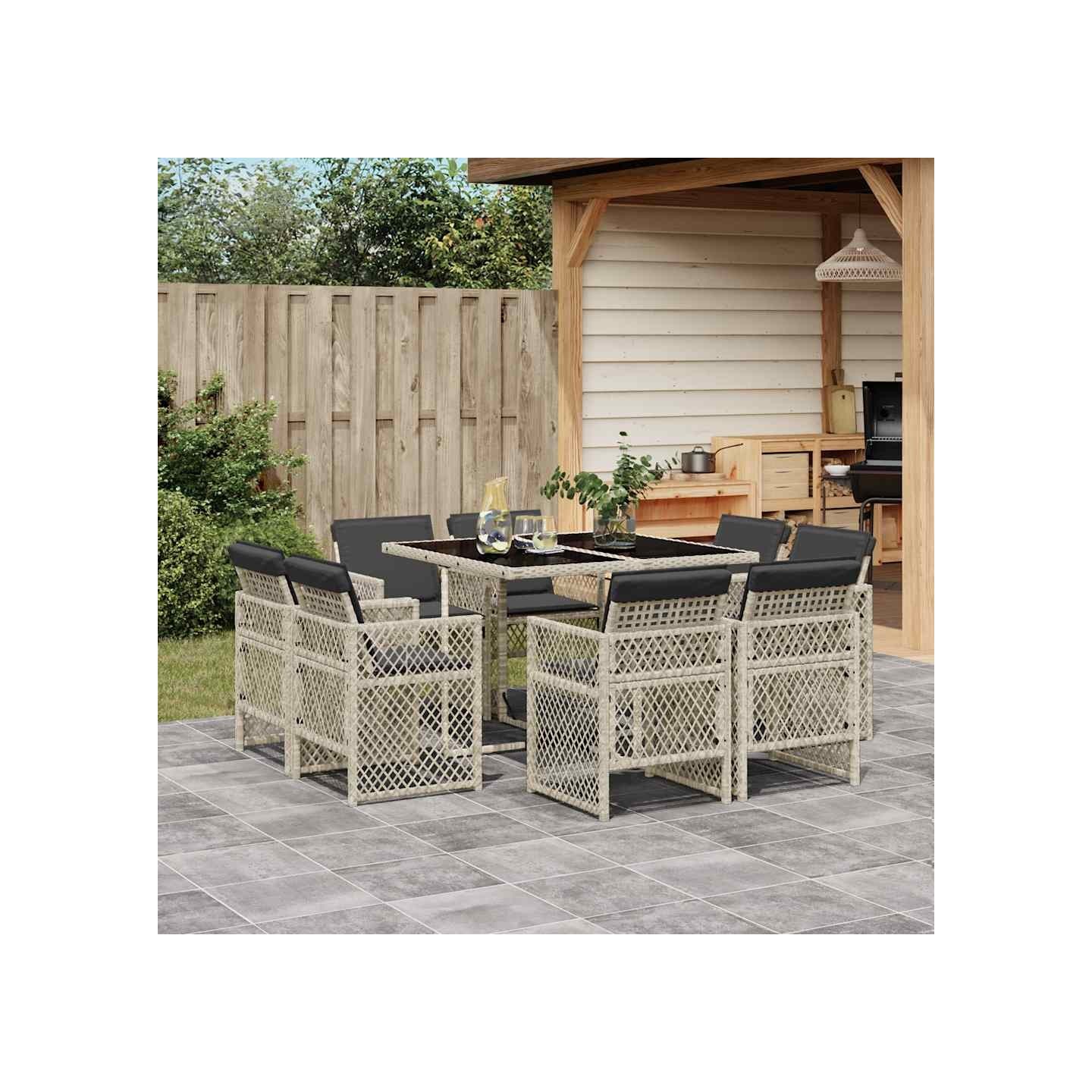 Ensemble à manger de jardin et coussins 9 pcs gris clair rotin