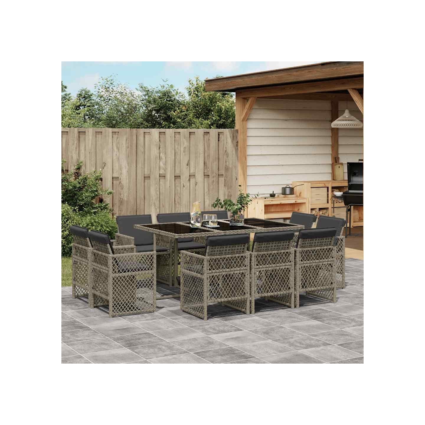 Ensemble à manger de jardin 11pcs avec coussins gris poly rotin