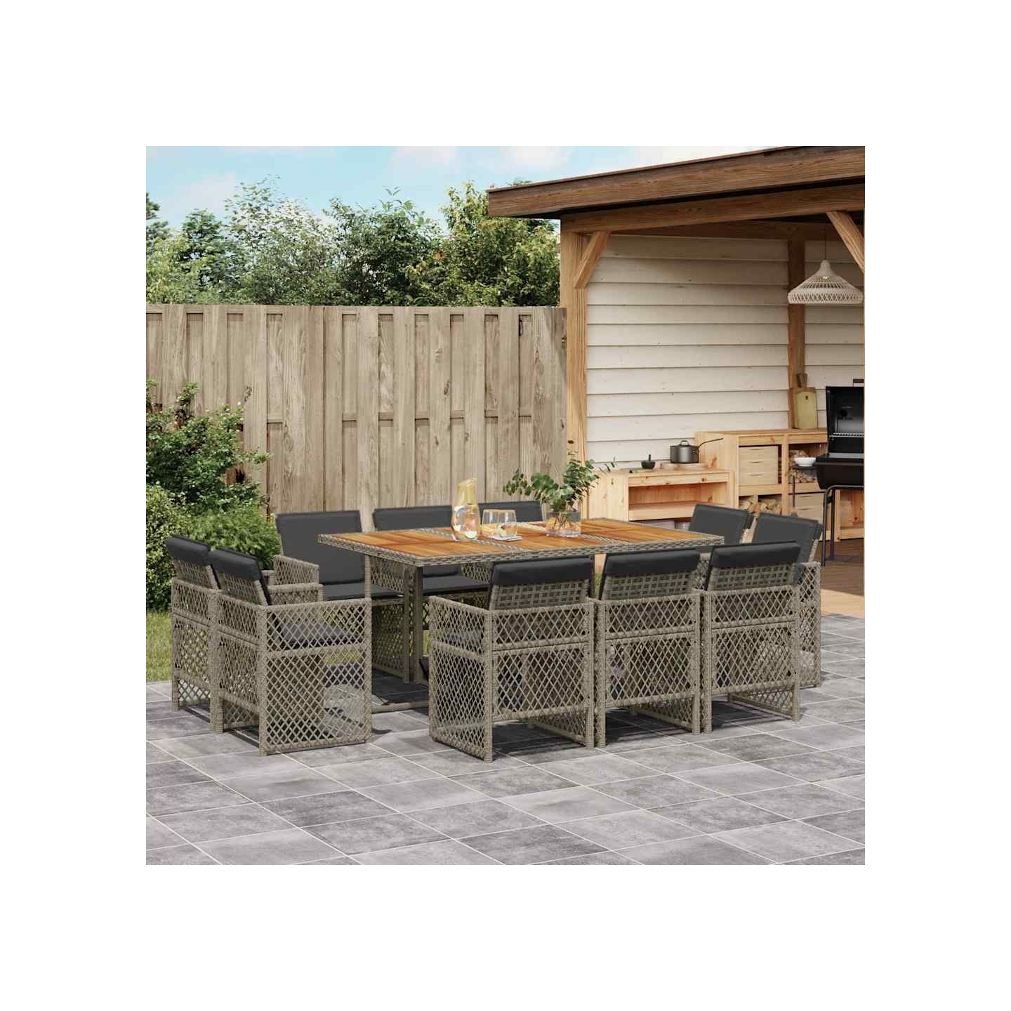 Ensemble à manger de jardin 11pcs avec coussins gris poly rotin