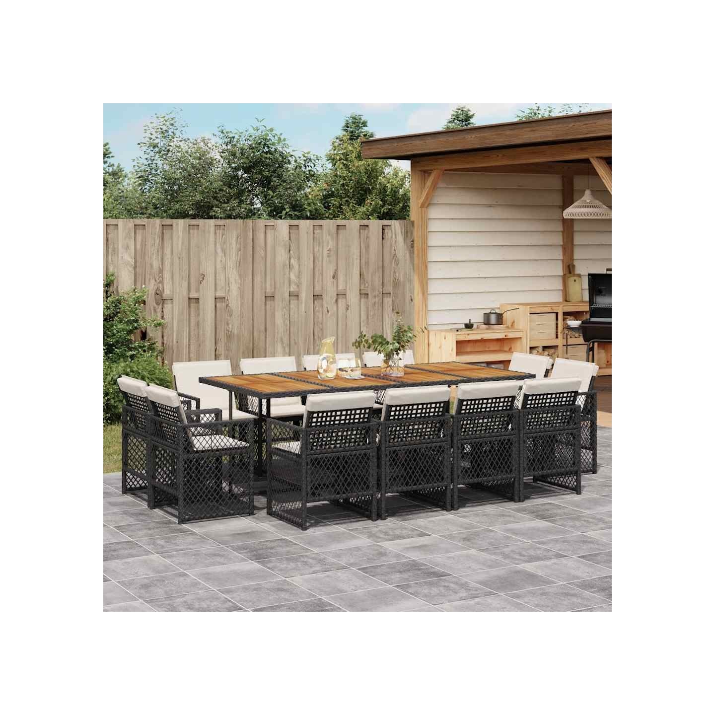 Ensemble à manger de jardin 13 pcs coussins noir résine tressée