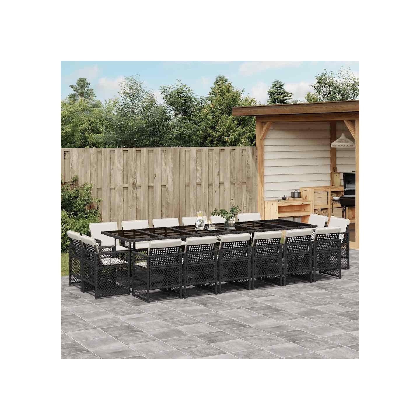 Ensemble à manger de jardin 17 pcs coussins noir résine tressée