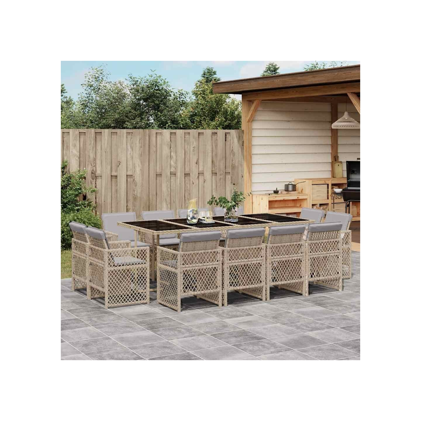 Ensemble à manger de jardin coussins 13 pcs mélange beige rotin