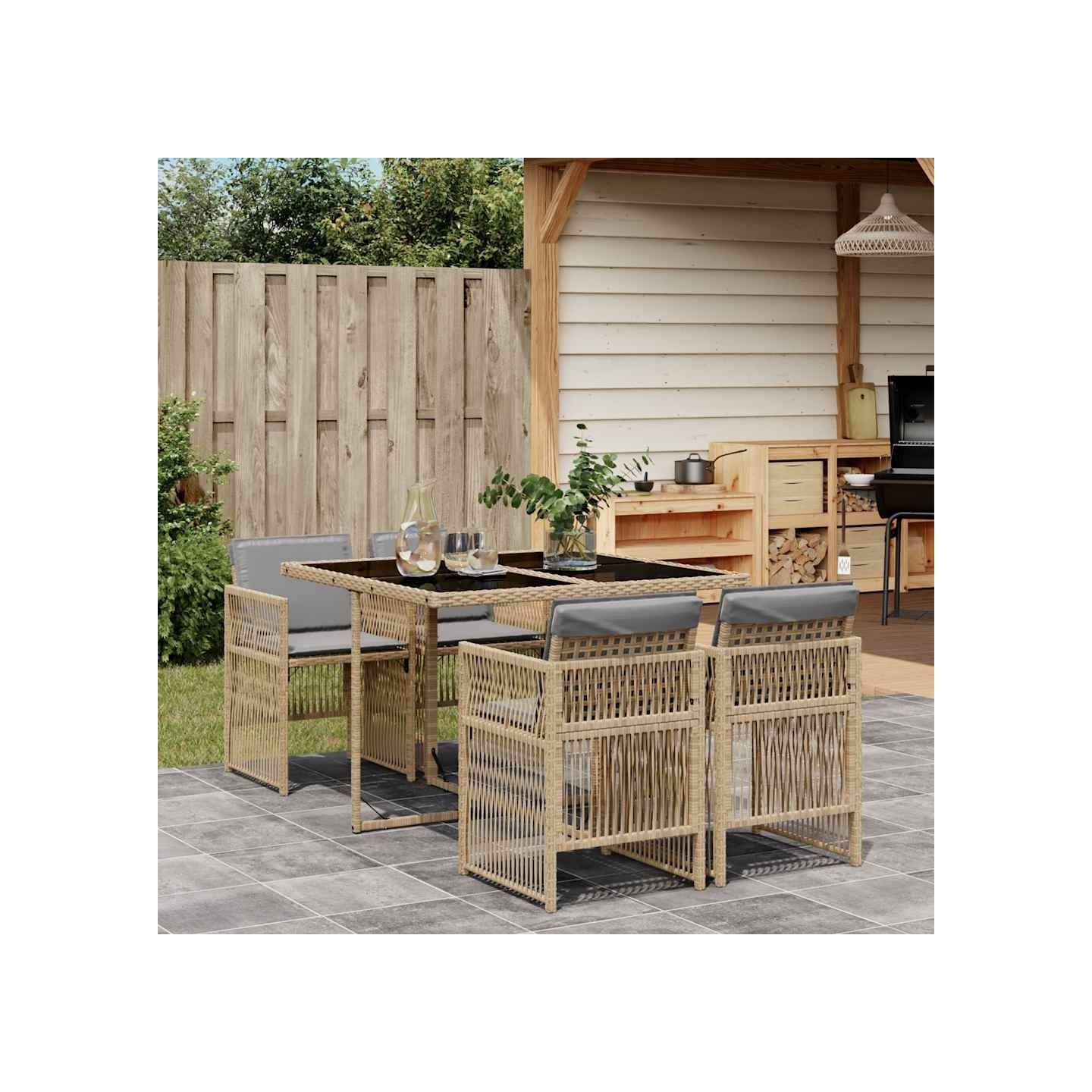 Ensemble à manger de jardin coussins 5 pcs mélange beige rotin