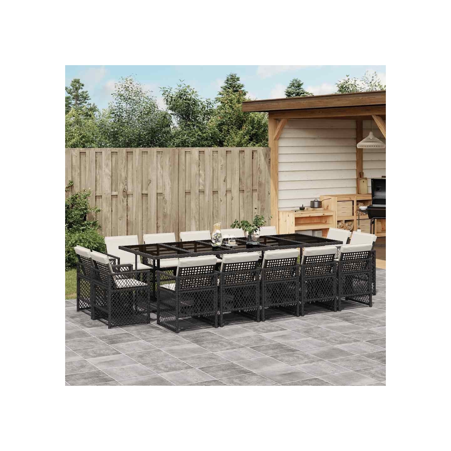 Ensemble à manger de jardin 15 pcs coussins noir résine tressée