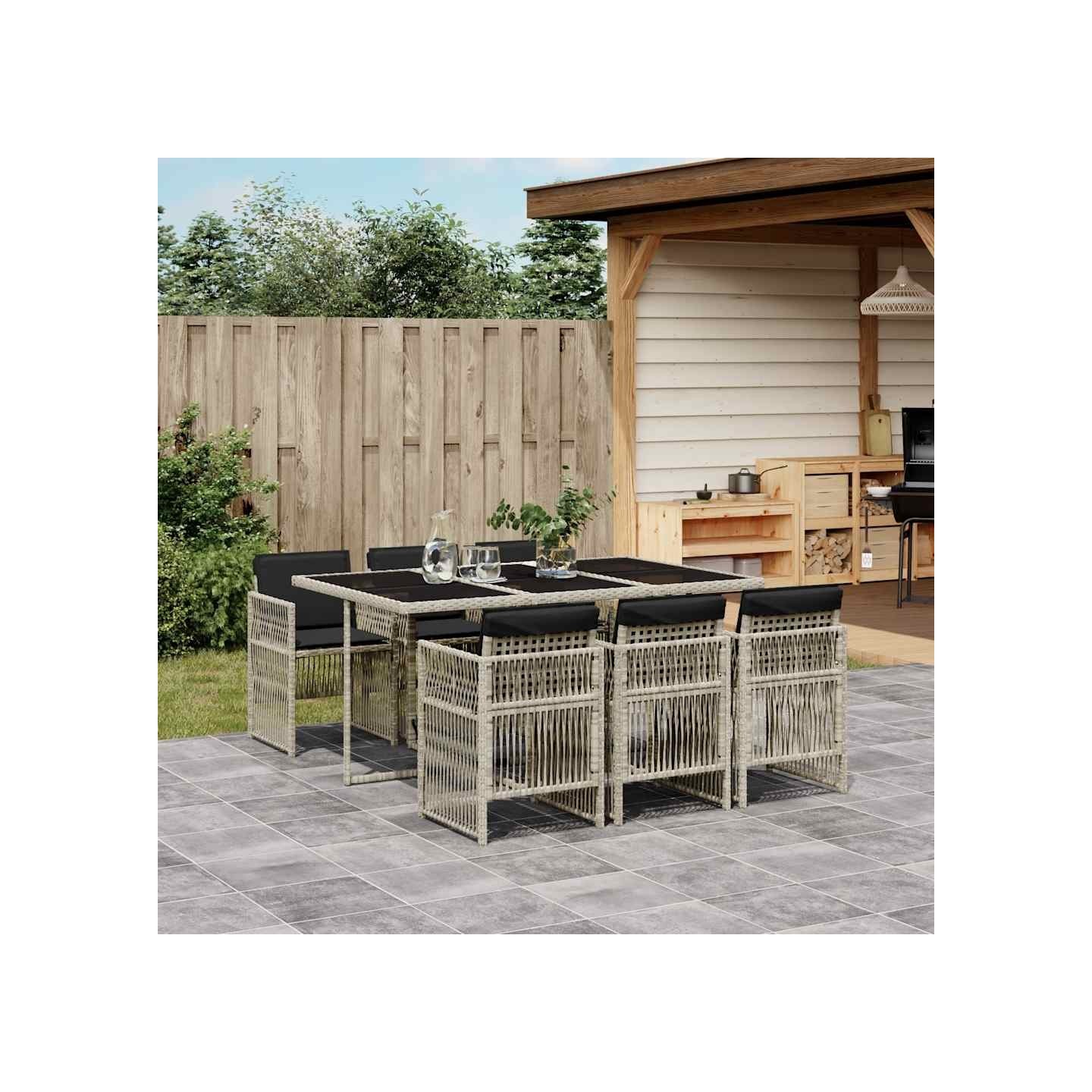 Ensemble à manger de jardin et coussins 7 pcs gris clair rotin