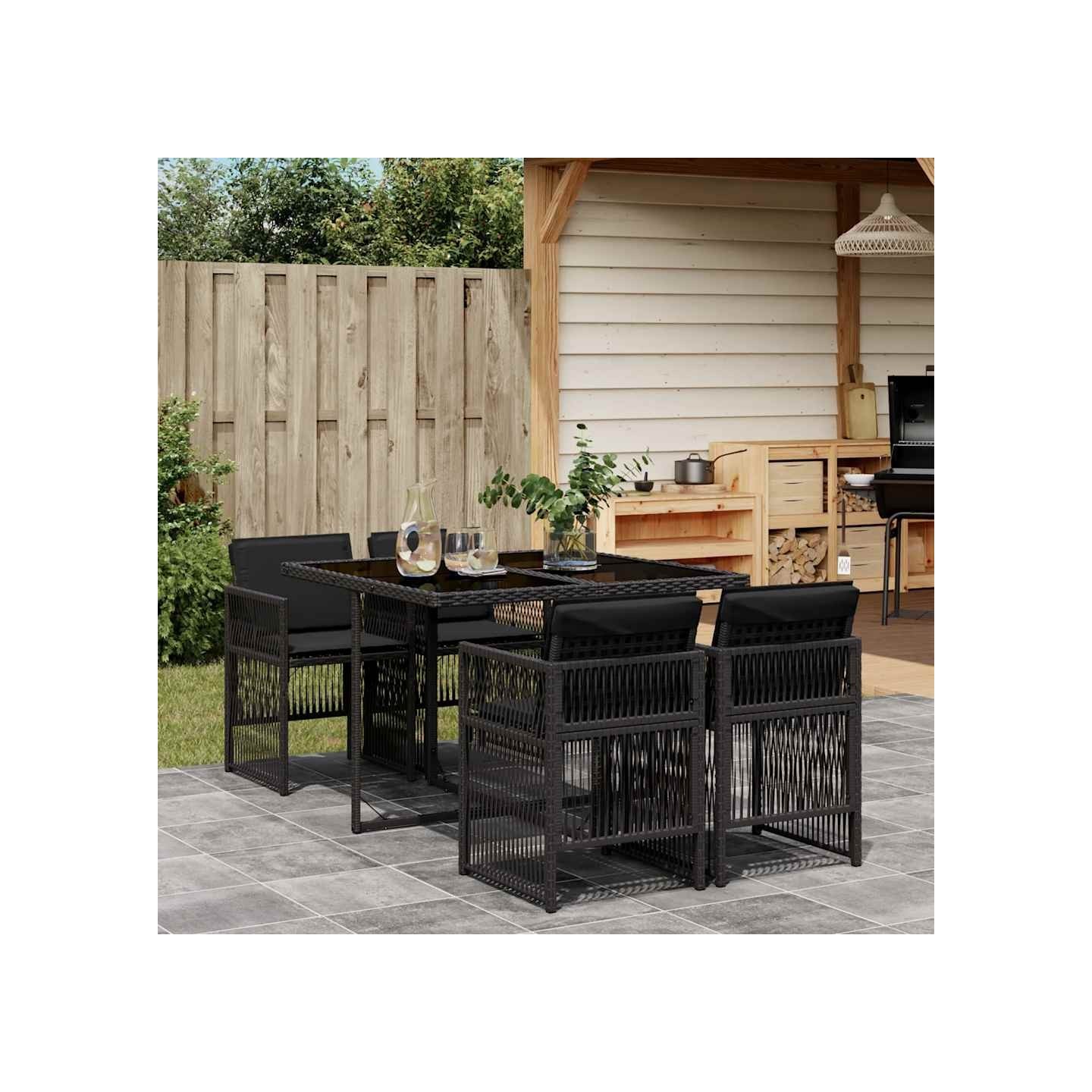 Ensemble à manger de jardin coussins 5pcs Noir Résine tressée