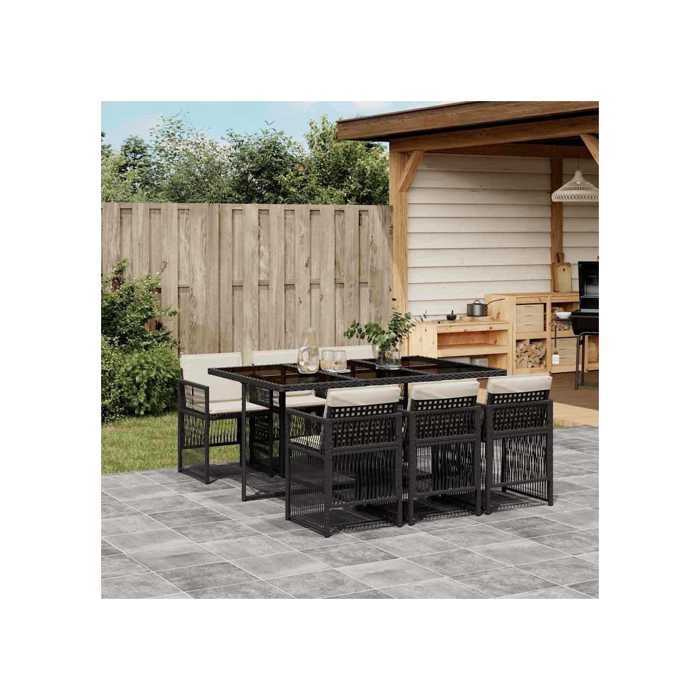 Ensemble à manger de jardin coussins 7pcs Noir Résine tressée