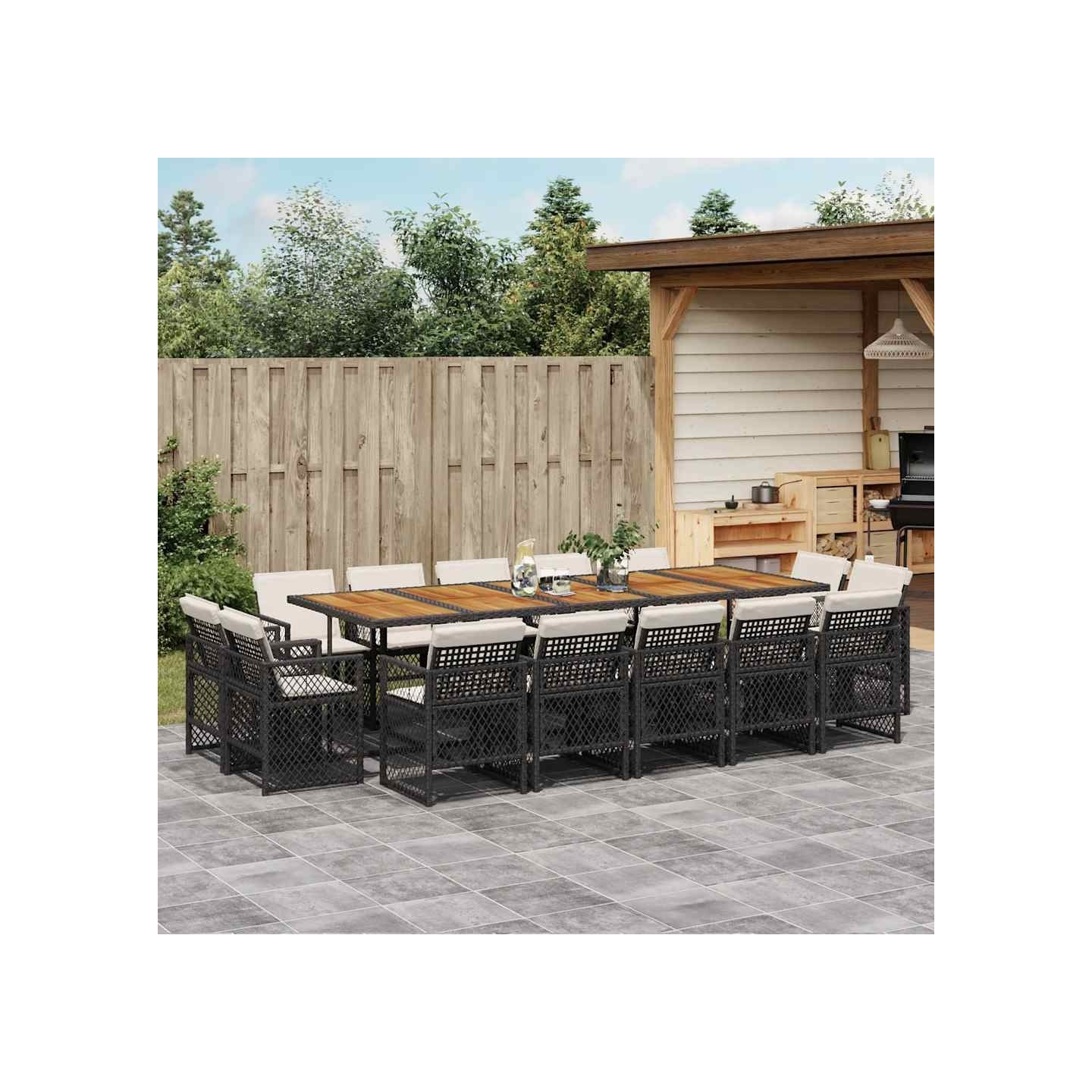 Ensemble à manger de jardin 15 pcs coussins noir résine tressée