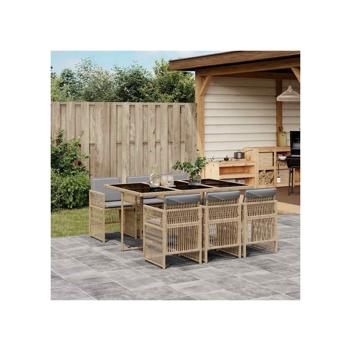 Ensemble à manger de jardin coussins 7 pcs mélange beige rotin
