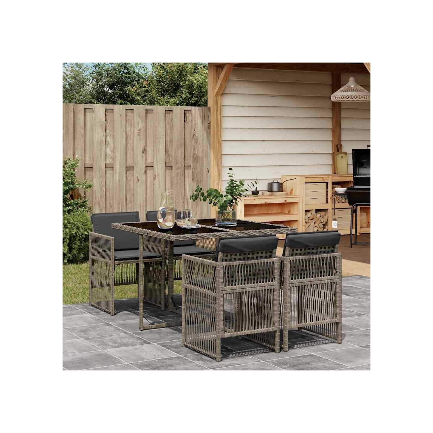 Ensemble à manger de jardin 5 pcs coussins gris résine tressée