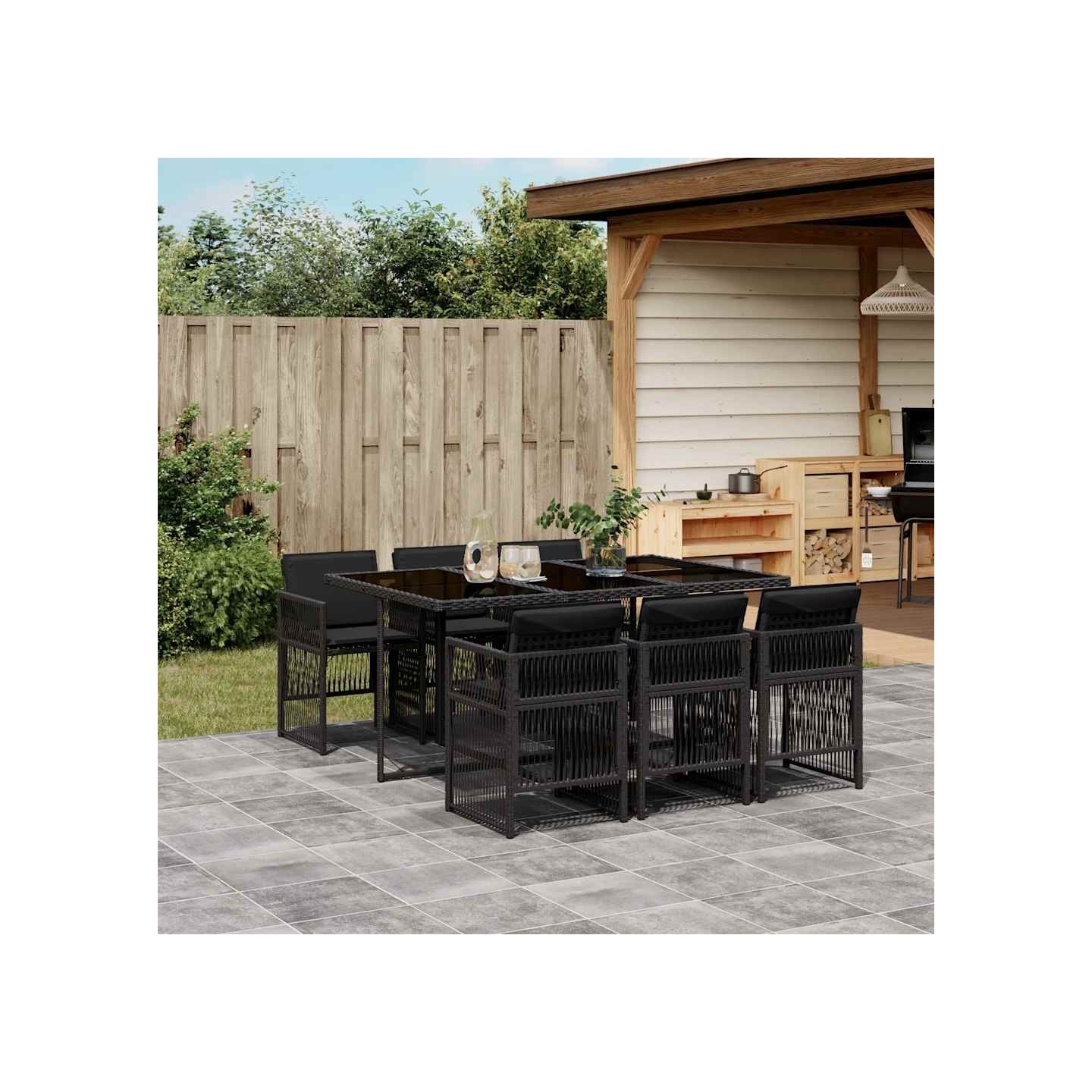 Ensemble à manger de jardin coussins 7pcs Noir Résine tressée