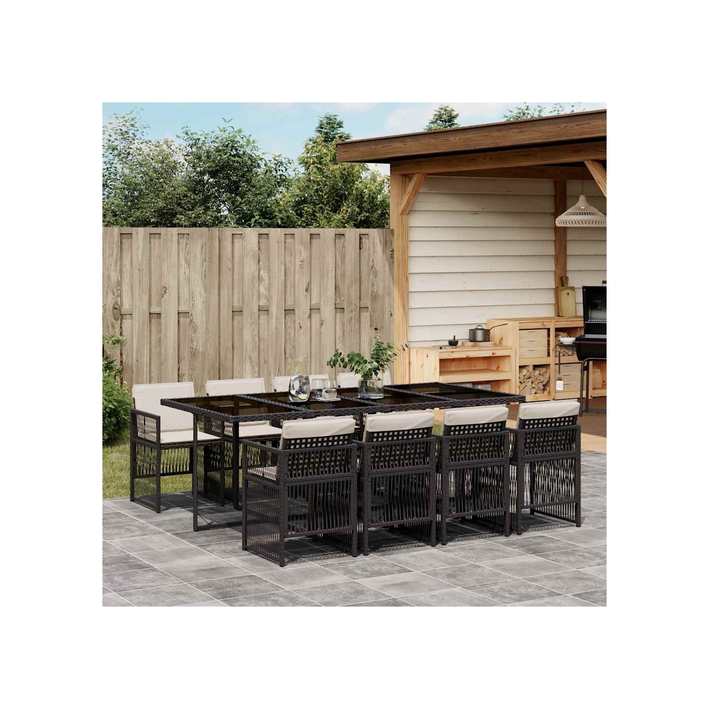 Ensemble à manger de jardin 9pcs coussins noir résine tressée