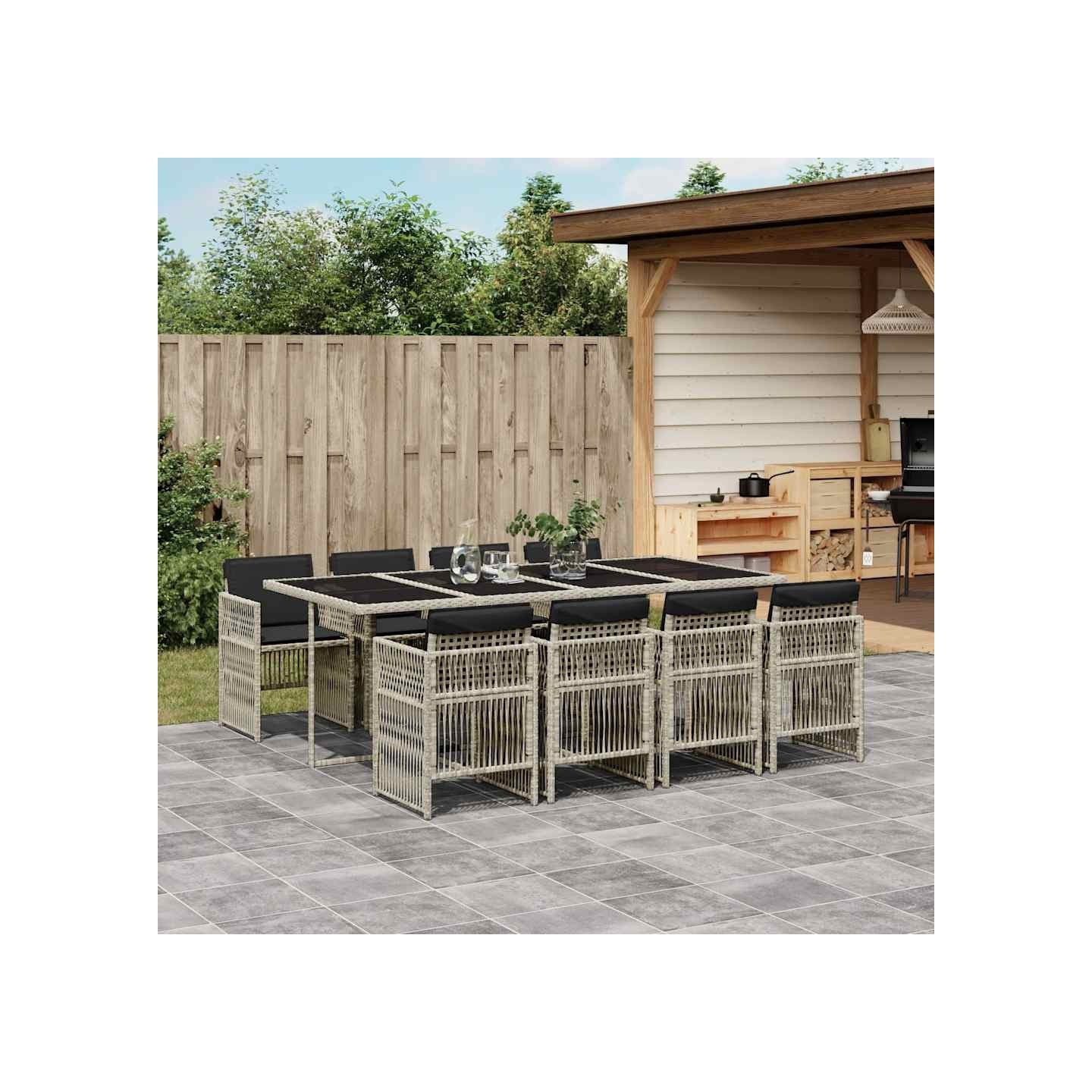 Ensemble à manger de jardin et coussins 9 pcs gris clair rotin