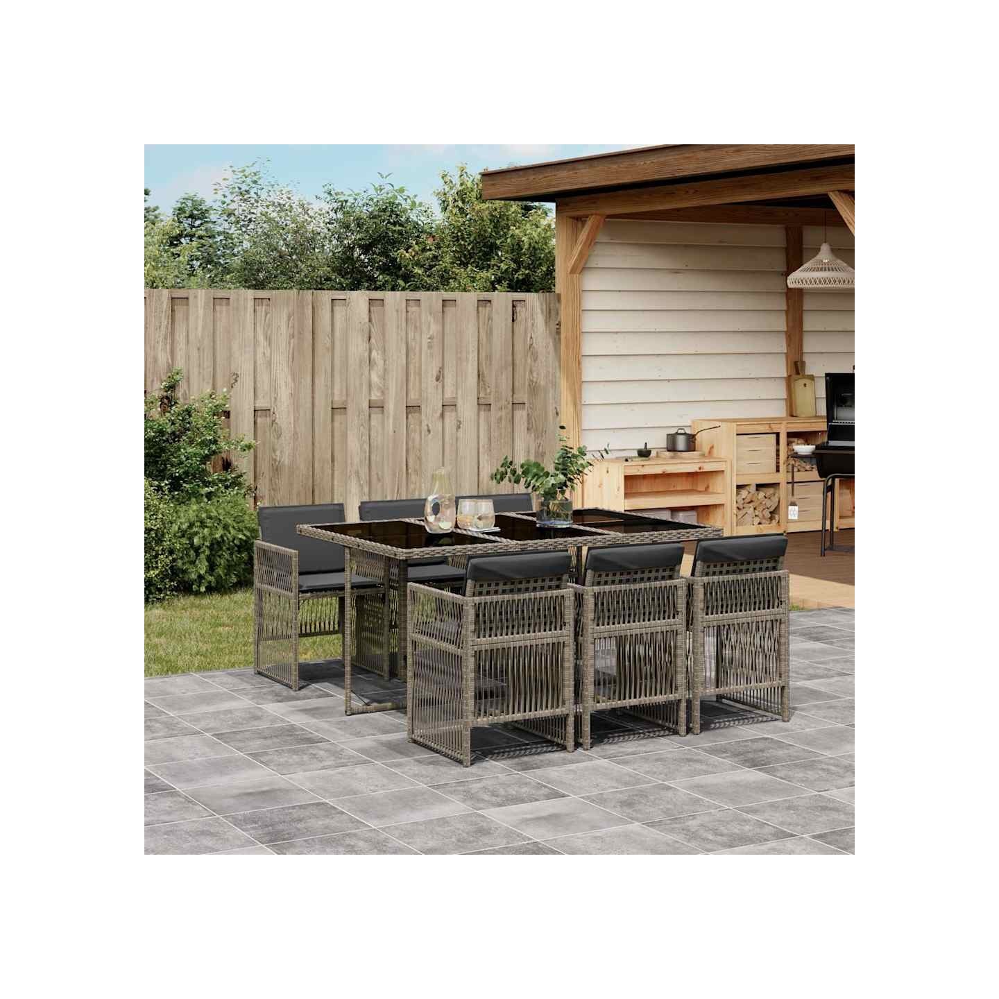 Ensemble à manger de jardin et coussins 7 pcs gris rotin