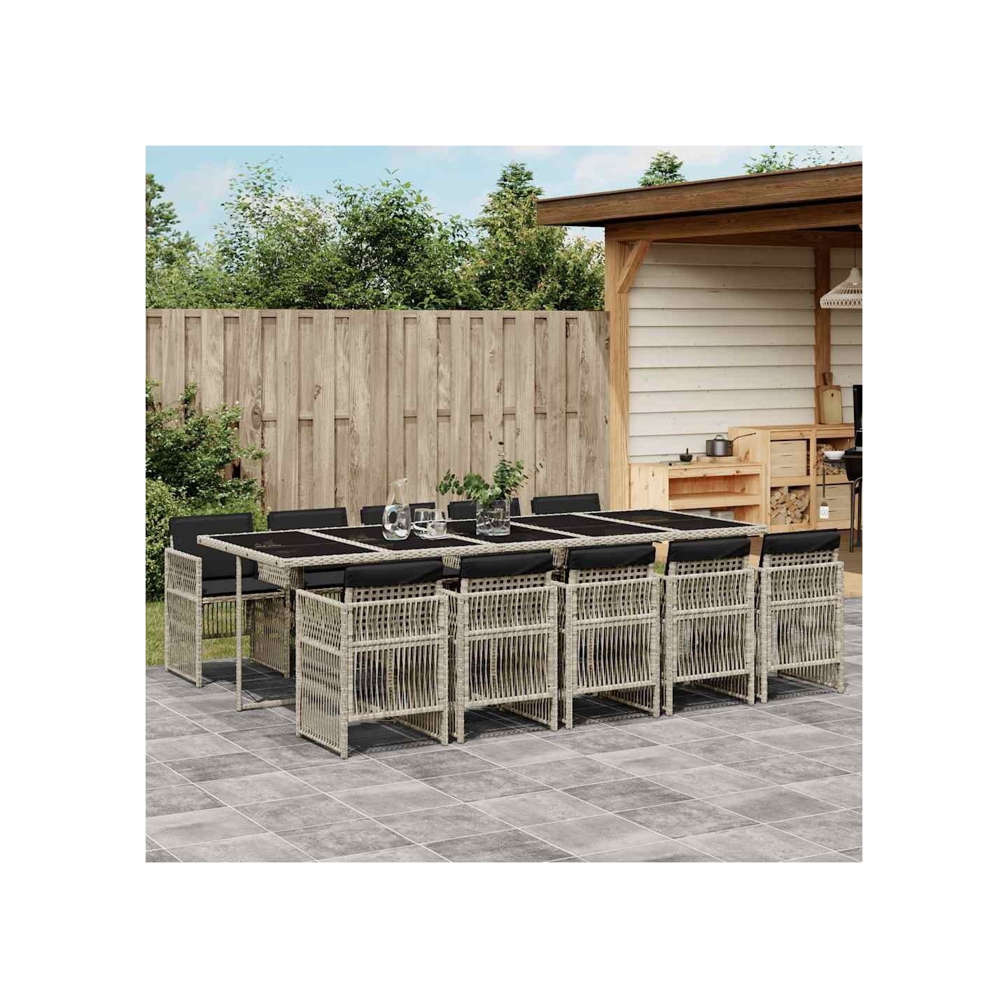 Ensemble à manger de jardin 11pcs avec coussins gris poly rotin