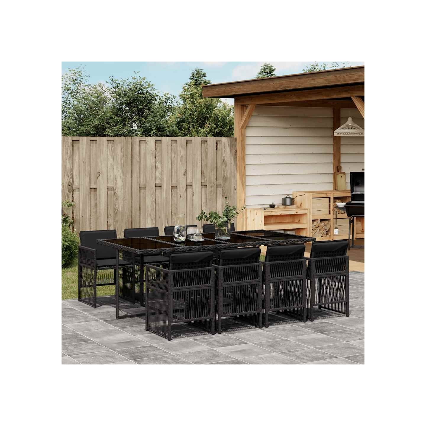 Ensemble à manger de jardin 9pcs coussins noir résine tressée