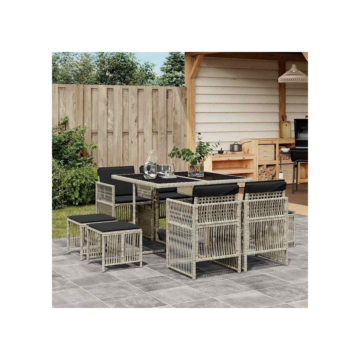 Ensemble à manger de jardin et coussins 9 pcs gris clair rotin